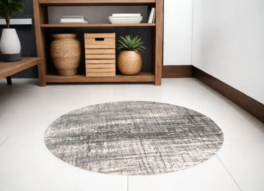 5' Gray and White Round Abstract Non Skid Area Rug Photo 1