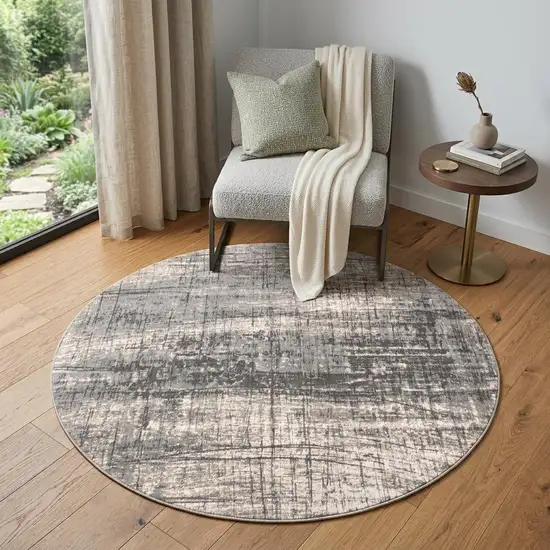 5' Gray and White Round Abstract Non Skid Area Rug Photo 1