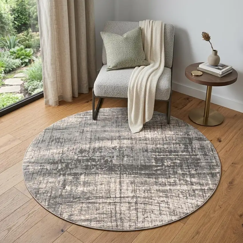 5' Gray and White Round Abstract Non Skid Area Rug Photo 1