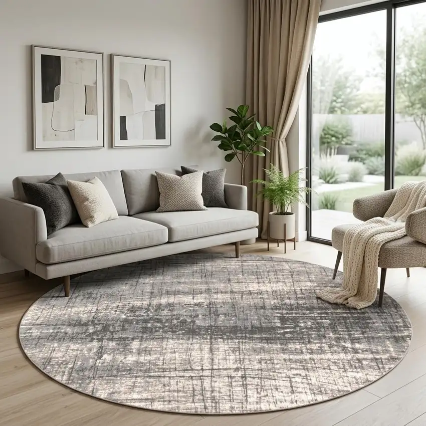 8' Gray and White Round Abstract Non Skid Area Rug Photo 1