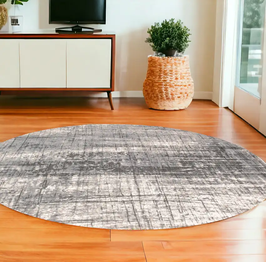 8' Gray and White Round Abstract Non Skid Area Rug Photo 1