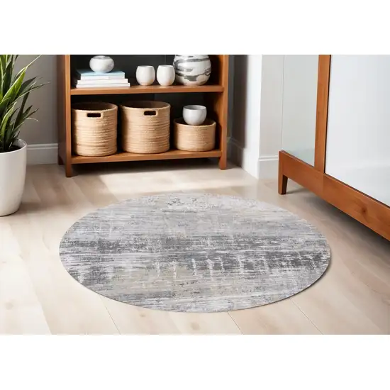 5' Gray and White Round Abstract Non Skid Area Rug Photo 1