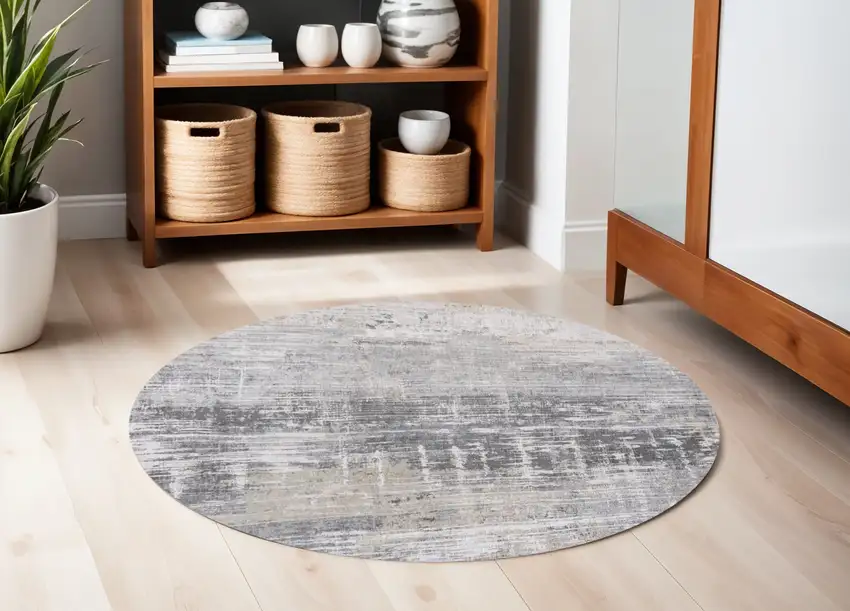 5' Gray and White Round Abstract Non Skid Area Rug Photo 1