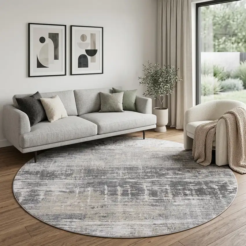 8' Gray and White Round Abstract Non Skid Area Rug Photo 1