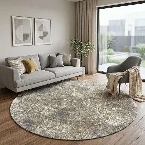 8' Gray and White Round Abstract Non Skid Area Rug Photo 1