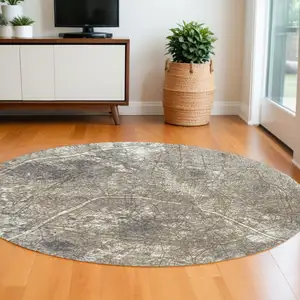 Photo of 8' Gray and White Round Abstract Non Skid Area Rug