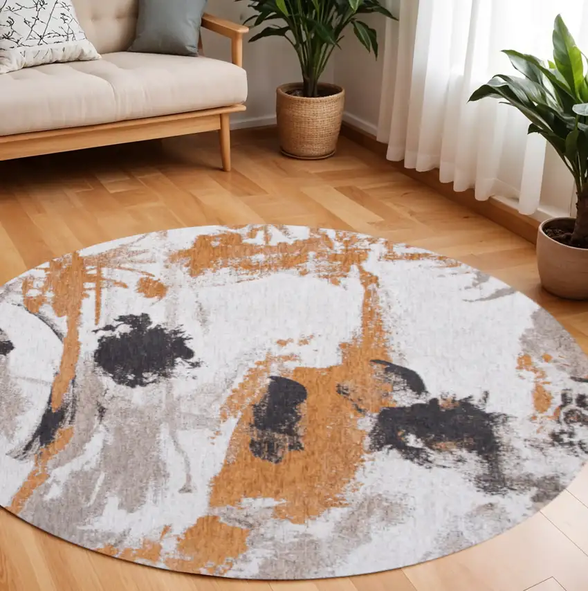 8' Gray and White Round Abstract Non Skid Area Rug Photo 1