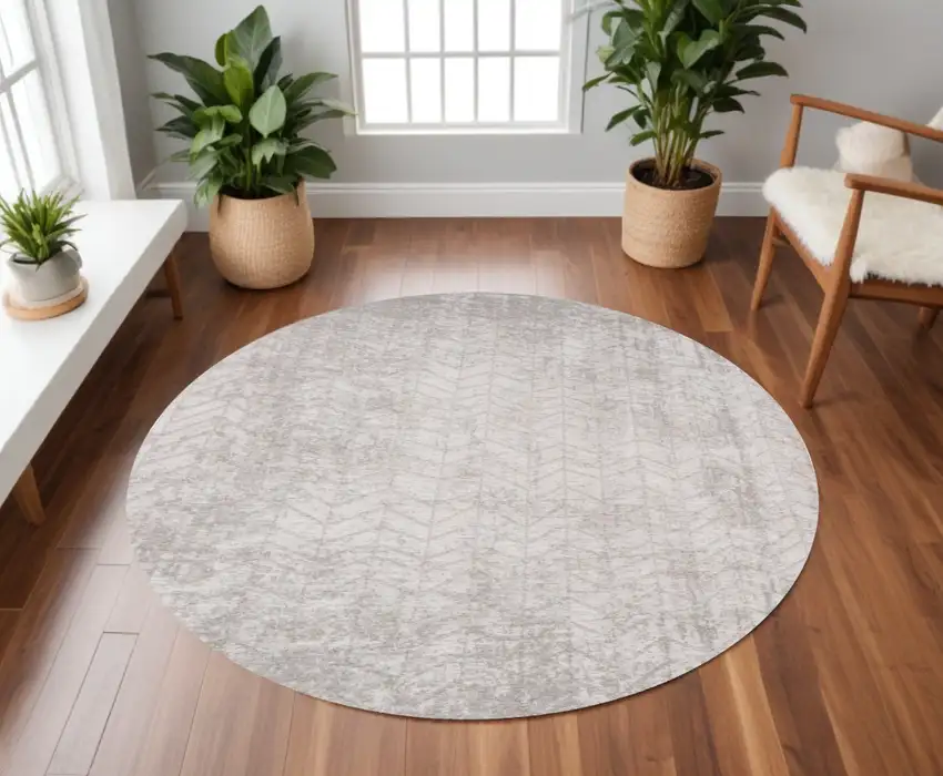 5' Gray and White Round Chevron Non Skid Area Rug Photo 1