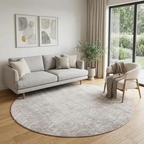 8' Gray and White Round Chevron Non Skid Area Rug Photo 1
