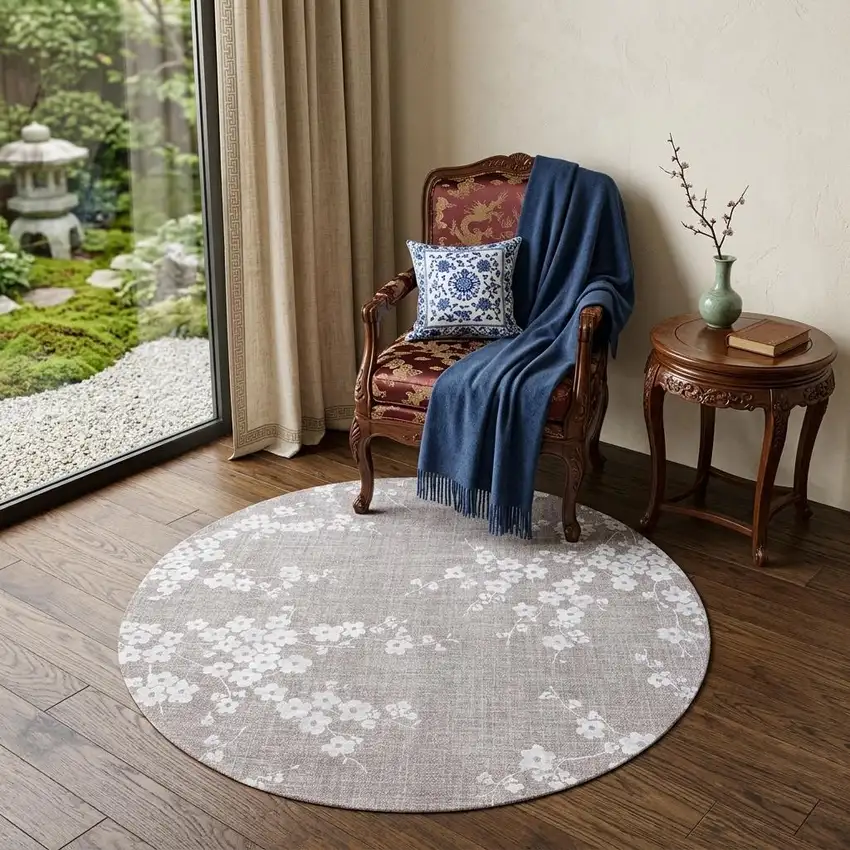5' Gray and White Round Oriental Non Skid Area Rug Photo 1