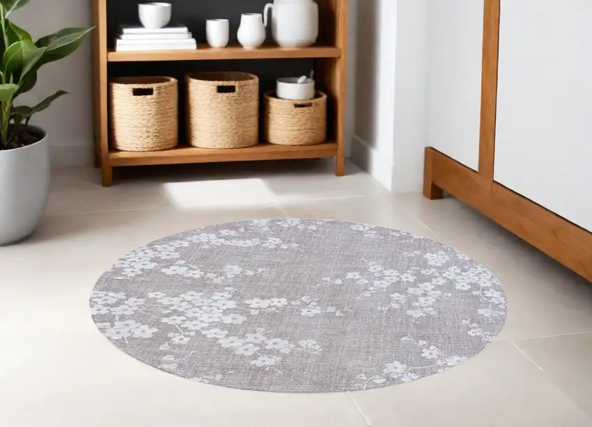 5' Gray and White Round Oriental Non Skid Area Rug Photo 1