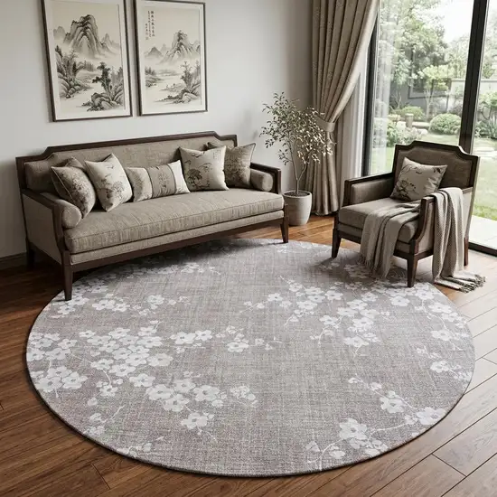 8' Gray and White Round Oriental Non Skid Area Rug Photo 1