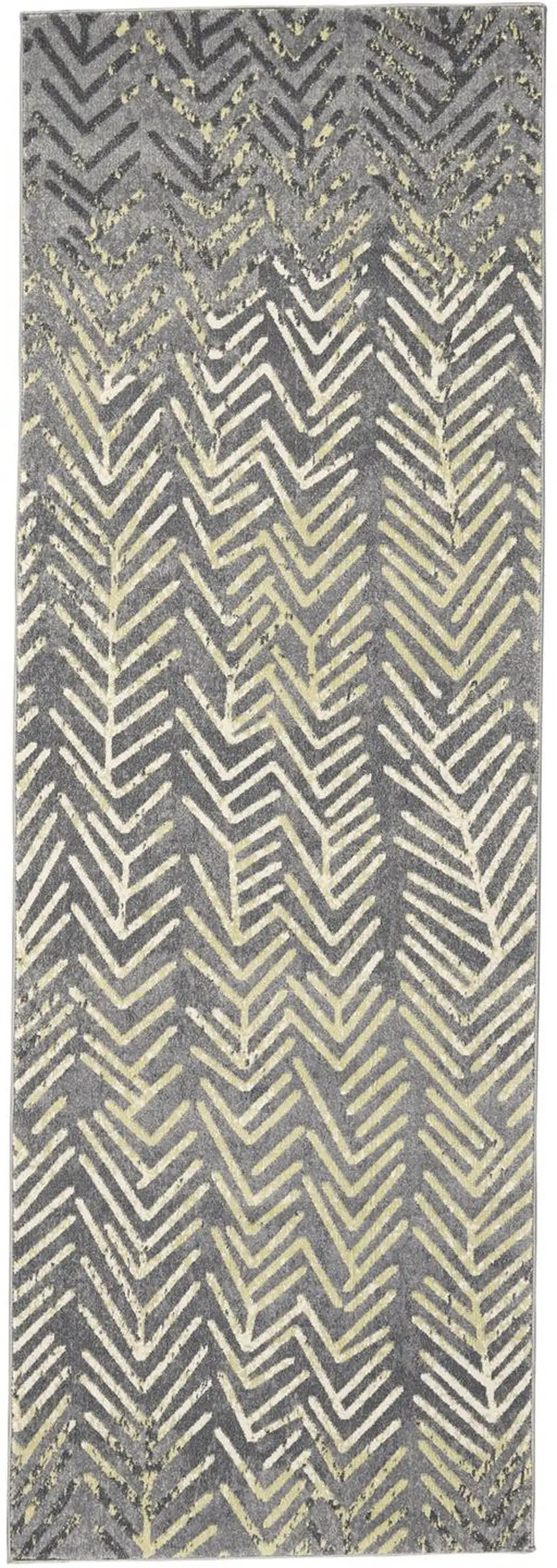 8' Gray and Yellow Geometric Power Loom Distressed Runner Rug Photo 4