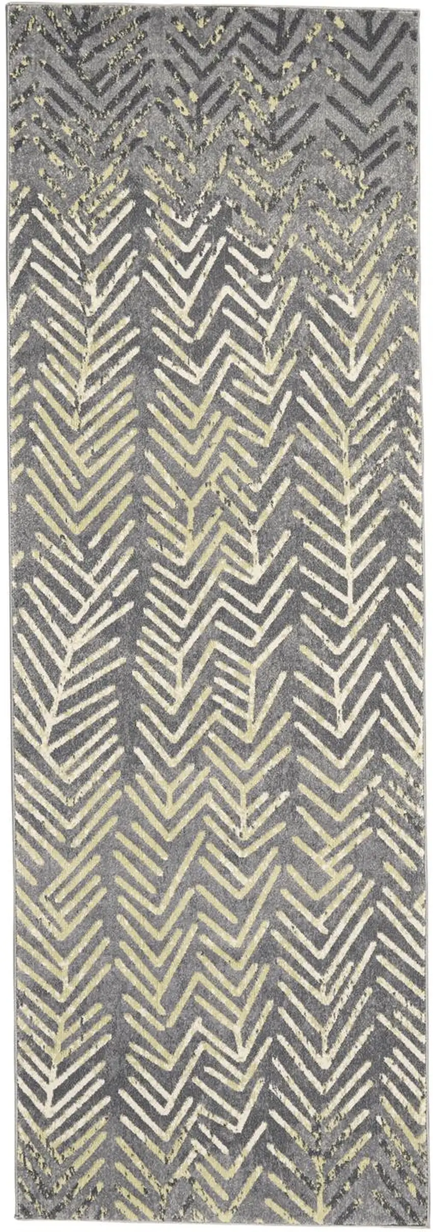 8' Gray and Yellow Geometric Power Loom Distressed Runner Rug Photo 2