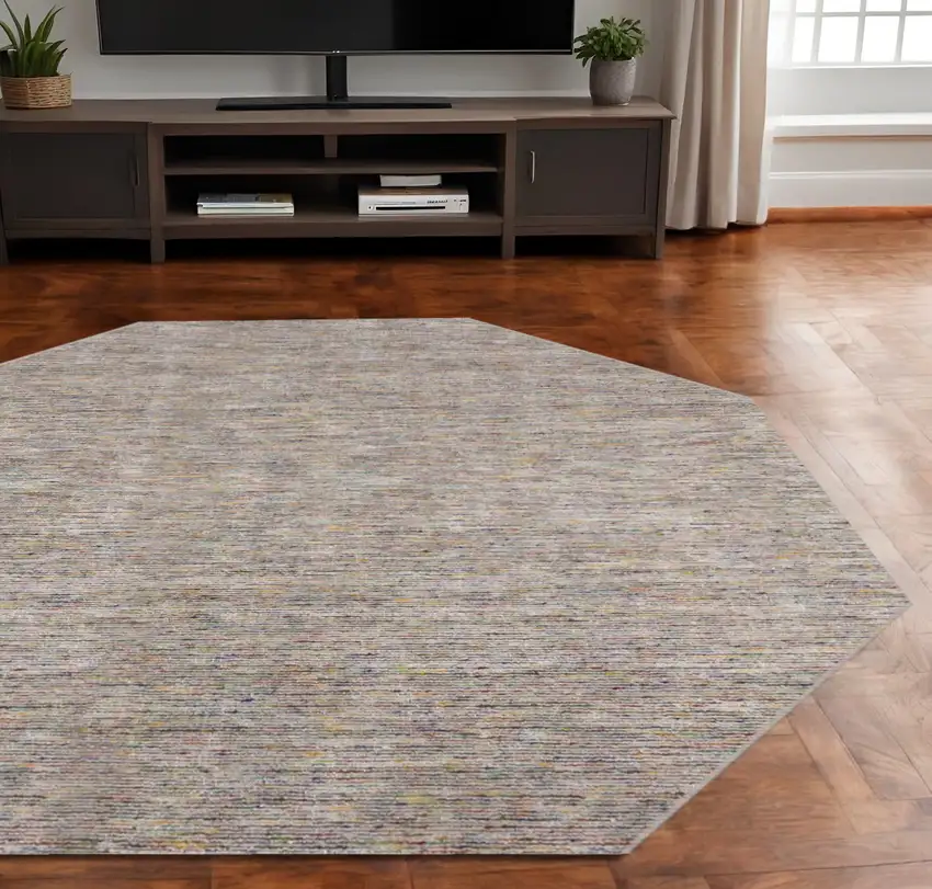 8' Gray and Yellow Octagon Wool Hand Loomed Area Rug Photo 2