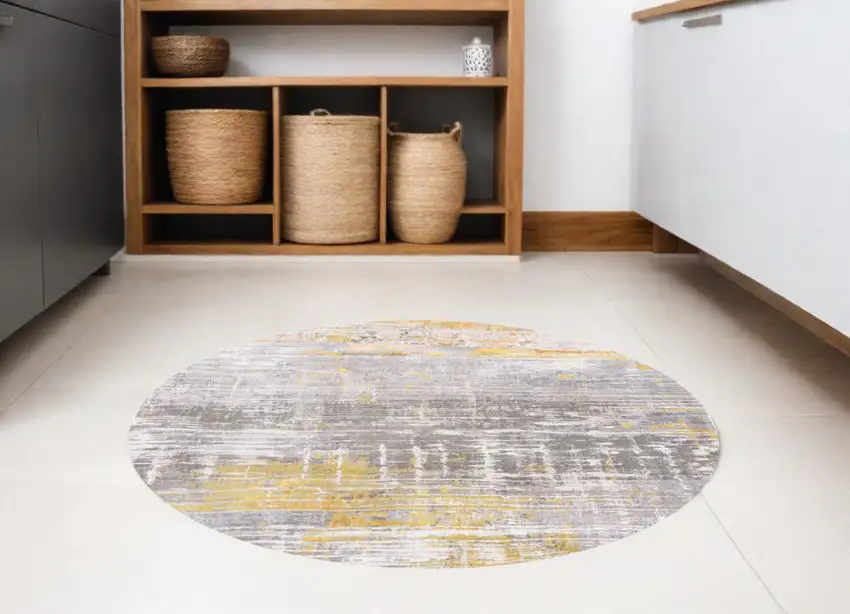 5' Gray and Yellow Round Abstract Non Skid Area Rug Photo 1