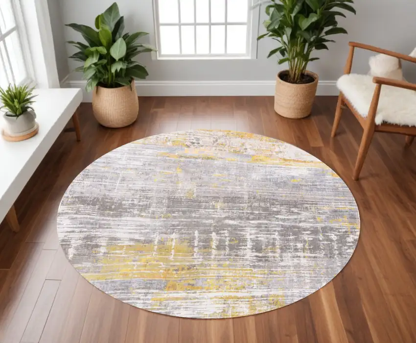 8' Gray and Yellow Round Abstract Non Skid Area Rug Photo 1