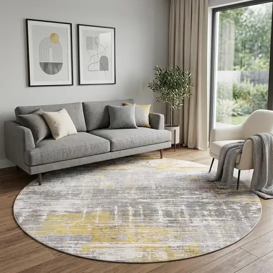8' Gray and Yellow Round Abstract Non Skid Area Rug Photo 1
