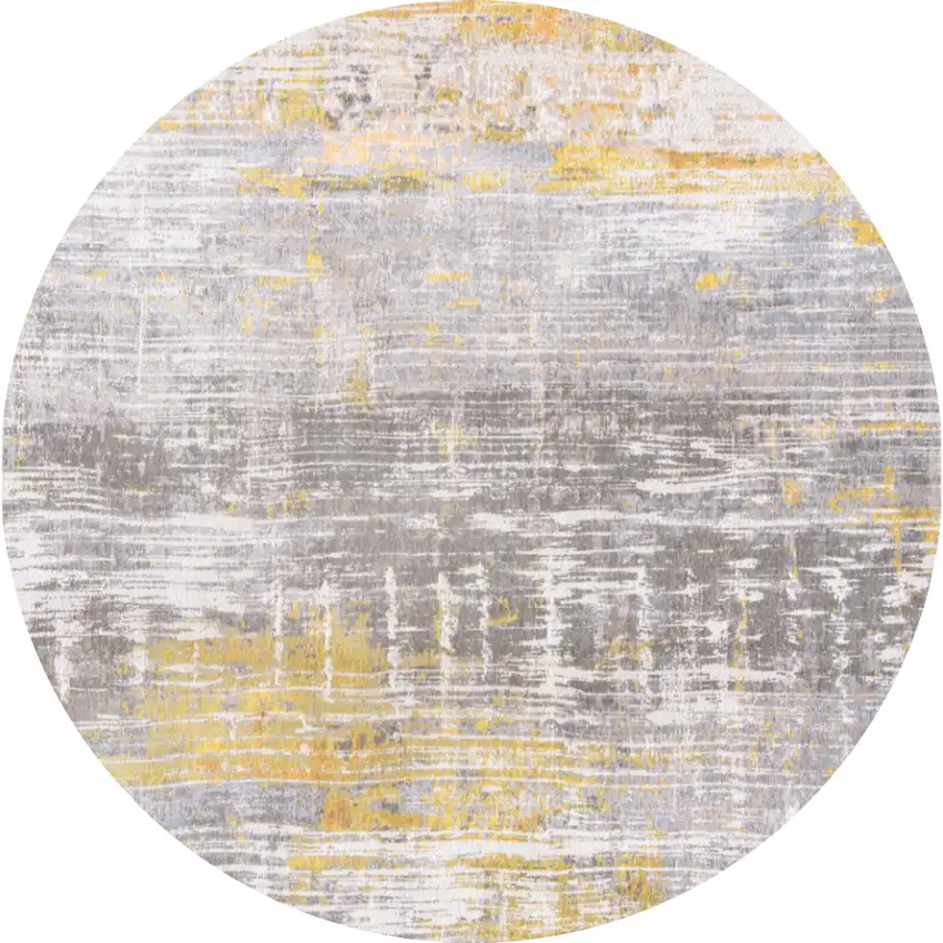 8' Gray and Yellow Round Abstract Non Skid Area Rug Photo 2