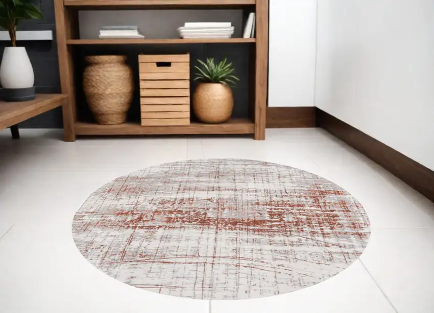 5' Gray and Yellow Round Abstract Non Skid Area Rug Photo 1