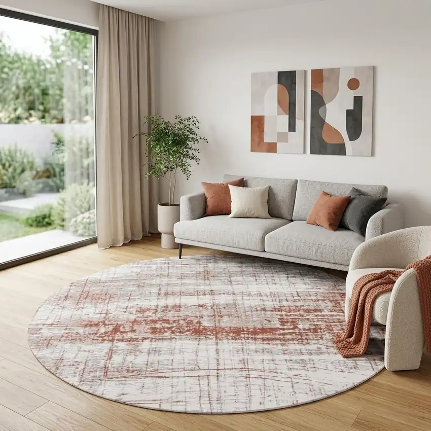 8' Gray and Yellow Round Abstract Non Skid Area Rug Photo 1