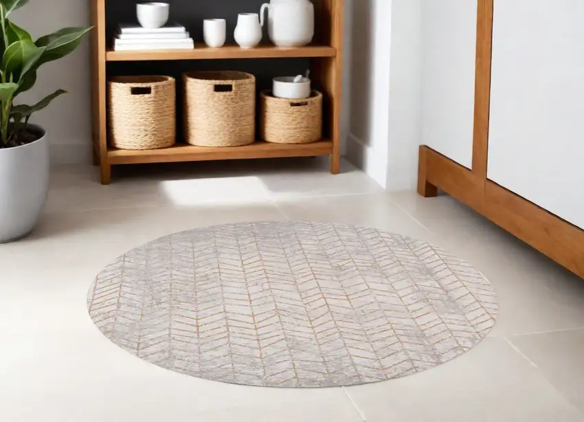 5' Gray and Yellow Round Chevron Non Skid Area Rug Photo 1