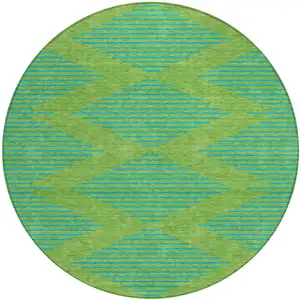 Photo of 8' Green And Aqua Round Geometric Washable Indoor Outdoor Area Rug