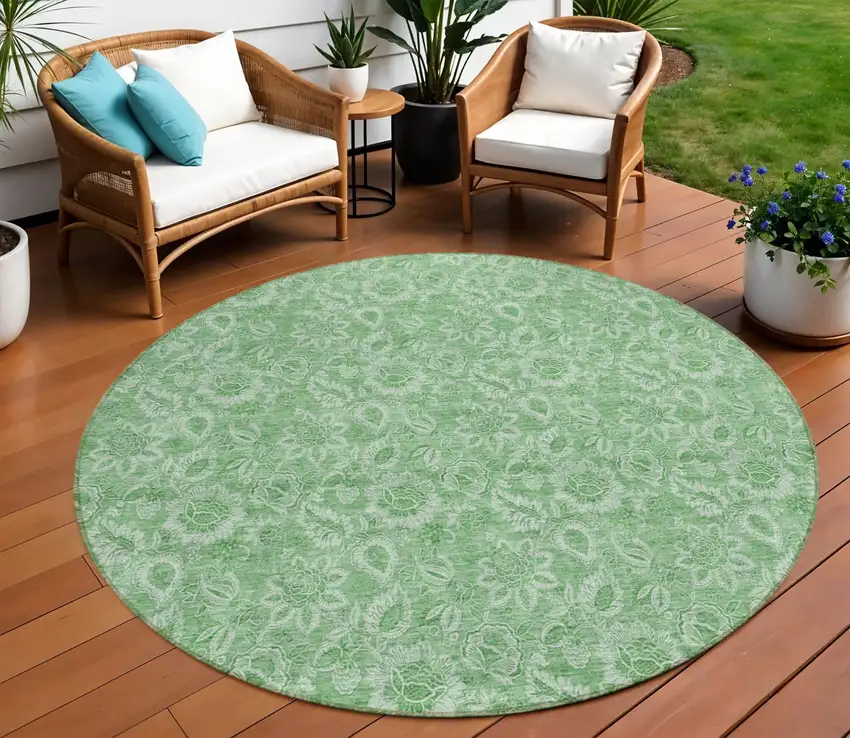8' Green And Artichoke Green Round Floral Washable Indoor Outdoor Area Rug Photo 1