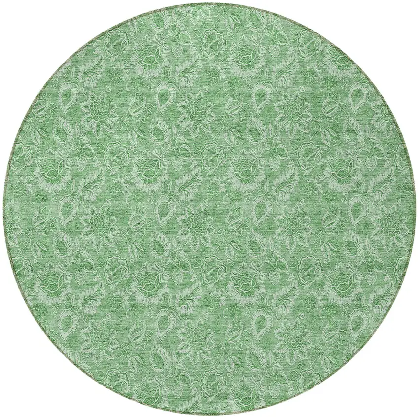 8' Green And Artichoke Green Round Floral Washable Indoor Outdoor Area Rug Photo 6