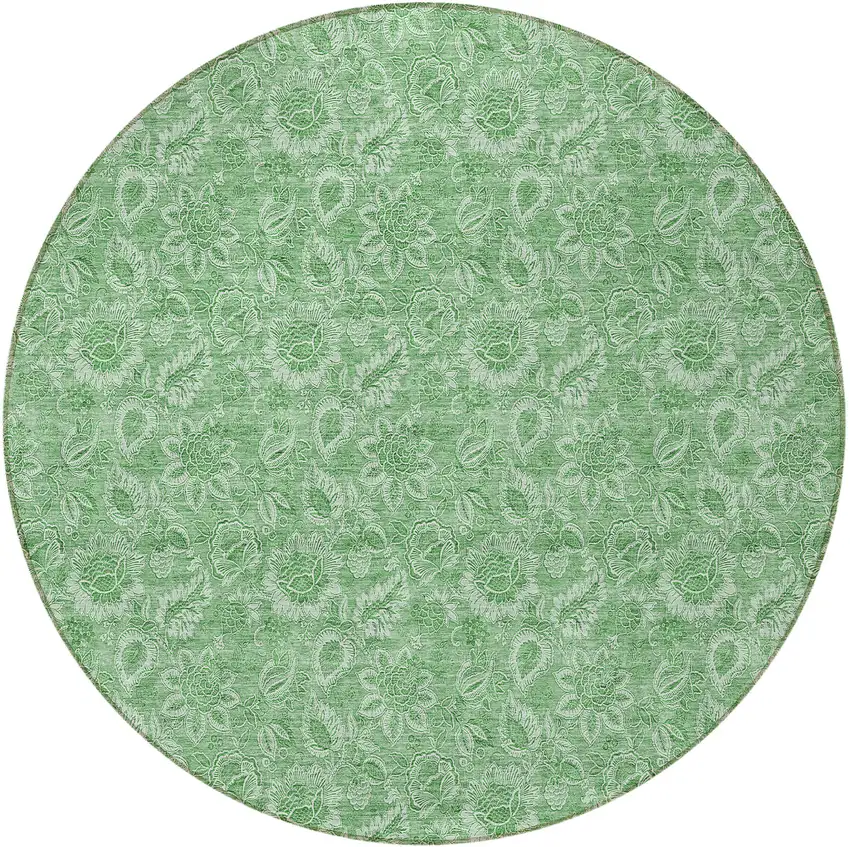 8' Green And Artichoke Green Round Floral Washable Indoor Outdoor Area Rug Photo 6