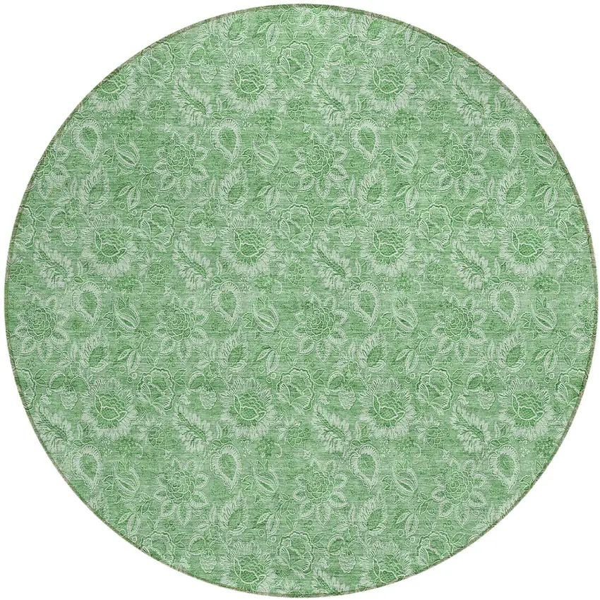8' Green And Artichoke Green Round Floral Washable Indoor Outdoor Area Rug Photo 2