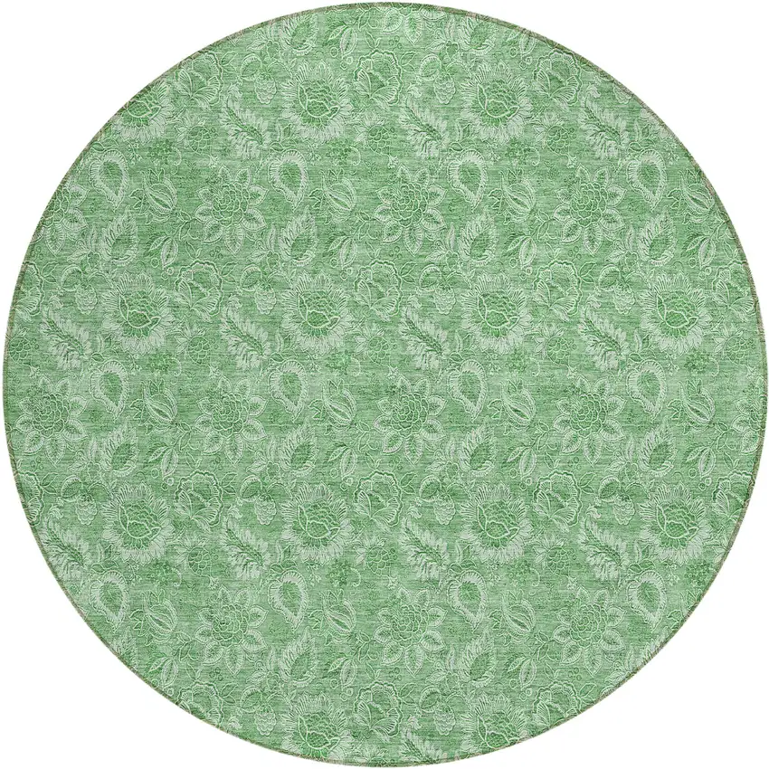 8' Green And Artichoke Green Round Floral Washable Indoor Outdoor Area Rug Photo 2