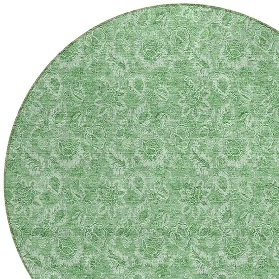 8' Green And Artichoke Green Round Floral Washable Indoor Outdoor Area Rug Photo 5