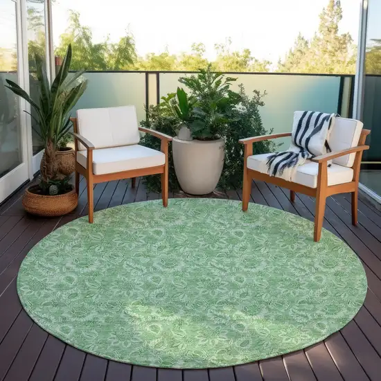 8' Green And Artichoke Green Round Floral Washable Indoor Outdoor Area Rug Photo 7