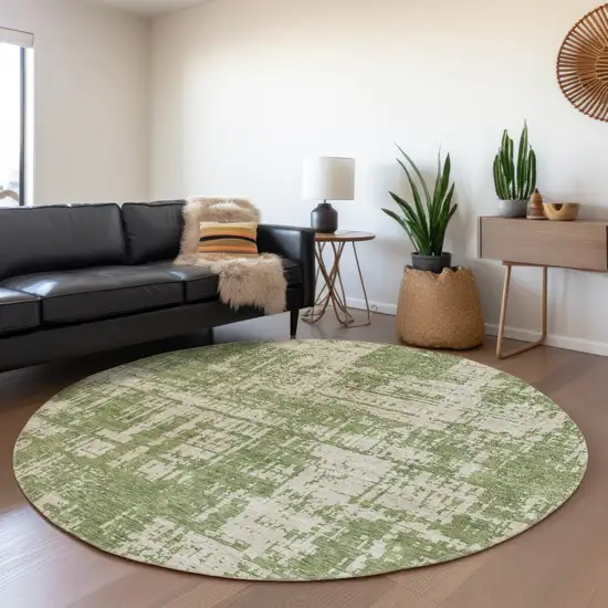 8' Green And Beige Abstract Washable Round Rug With UV Protection Photo 5