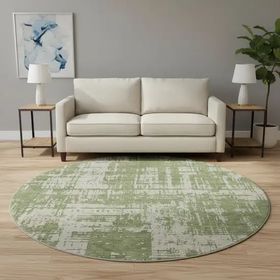8' Green And Beige Abstract Washable Round Rug With UV Protection Photo 2