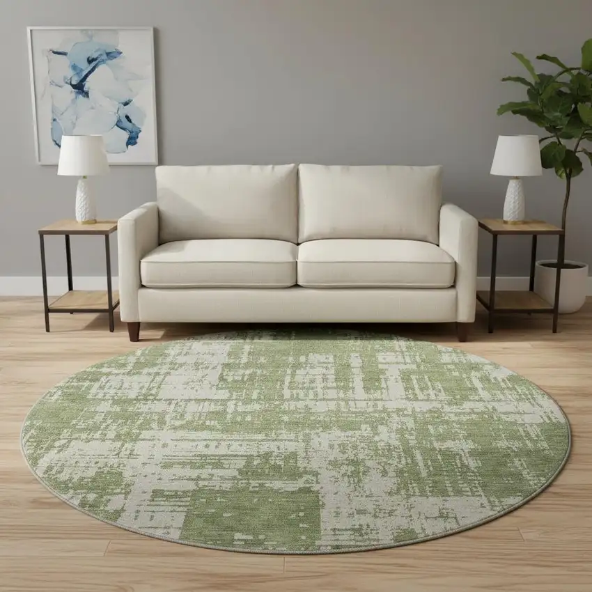 8' Green And Beige Abstract Washable Round Rug With UV Protection Photo 2