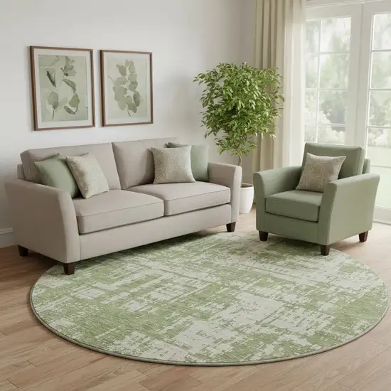 8' Green And Beige Abstract Washable Round Rug With UV Protection Photo 1
