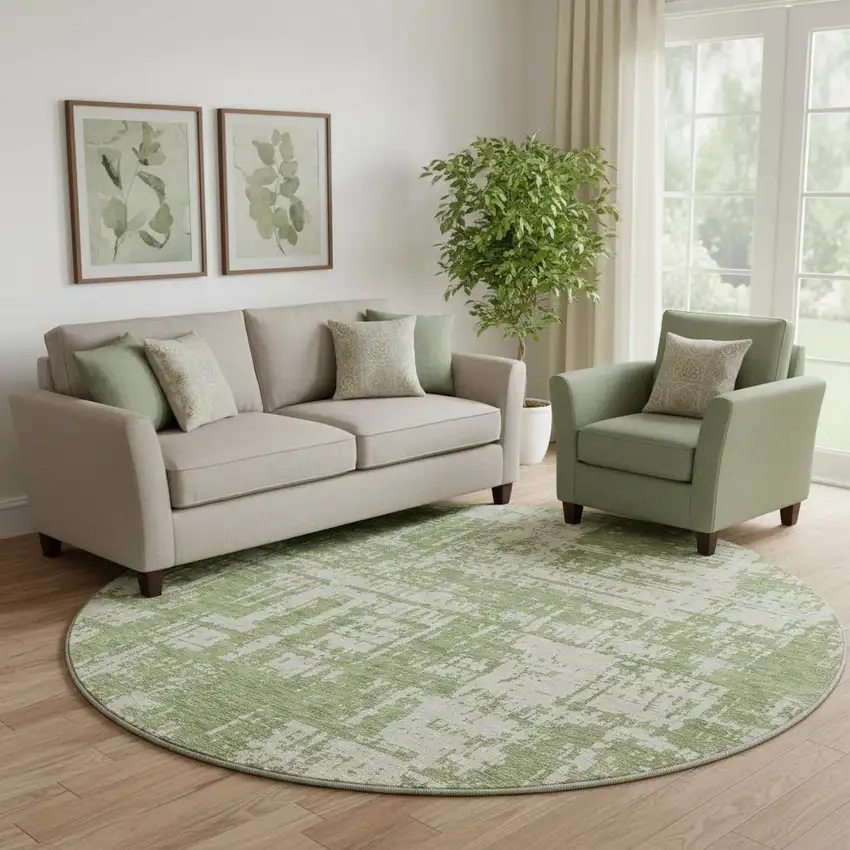 8' Green And Beige Abstract Washable Round Rug With UV Protection Photo 1