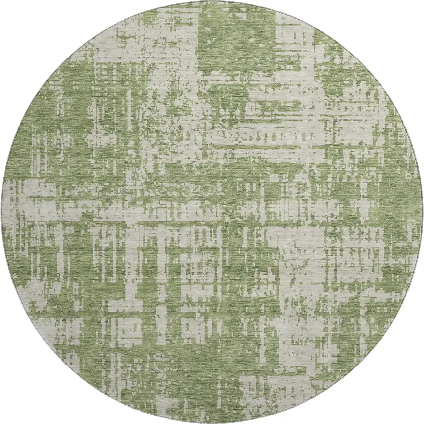 8' Green And Beige Abstract Washable Round Rug With UV Protection Photo 1