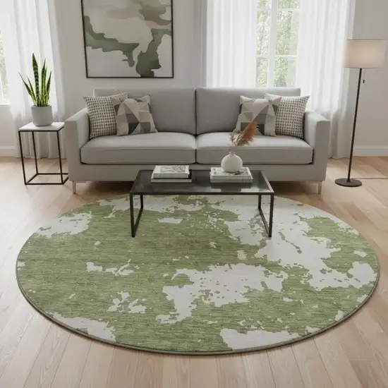 8' Green And Beige Abstract Washable Round Rug With UV Protection Photo 2