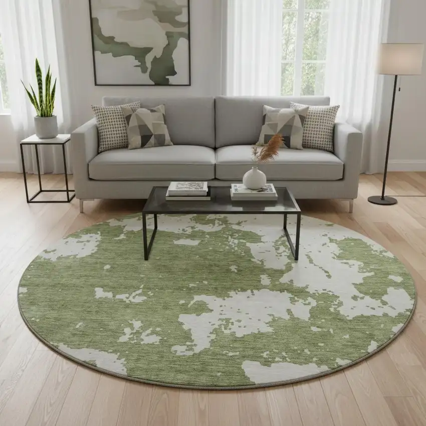 8' Green And Beige Abstract Washable Round Rug With UV Protection Photo 2
