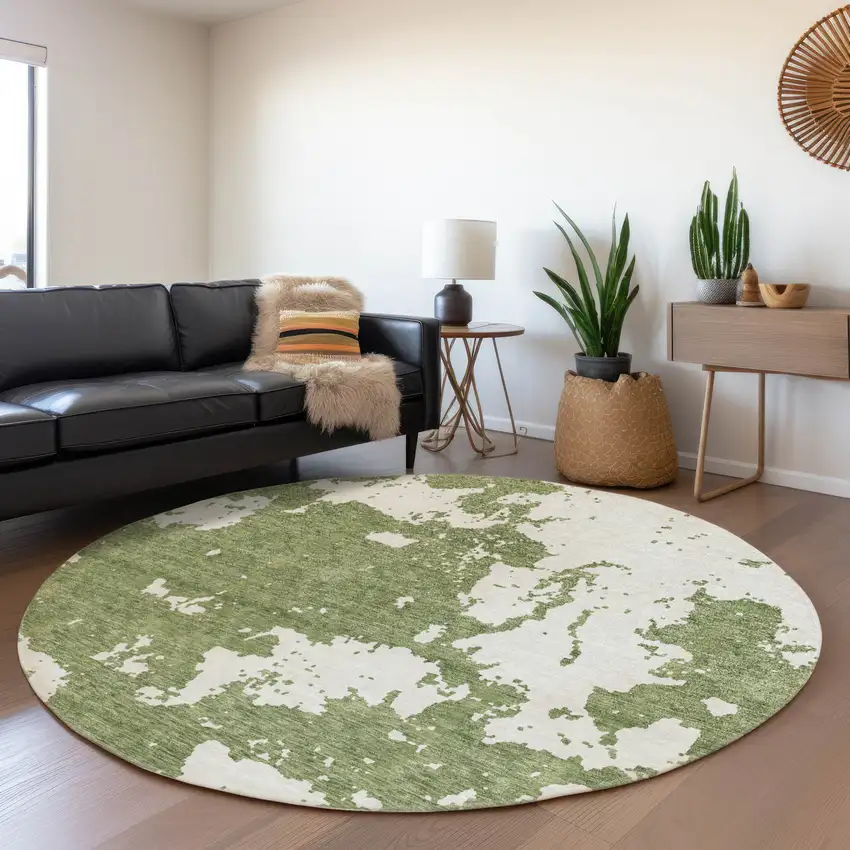 8' Green And Beige Abstract Washable Round Rug With UV Protection Photo 5