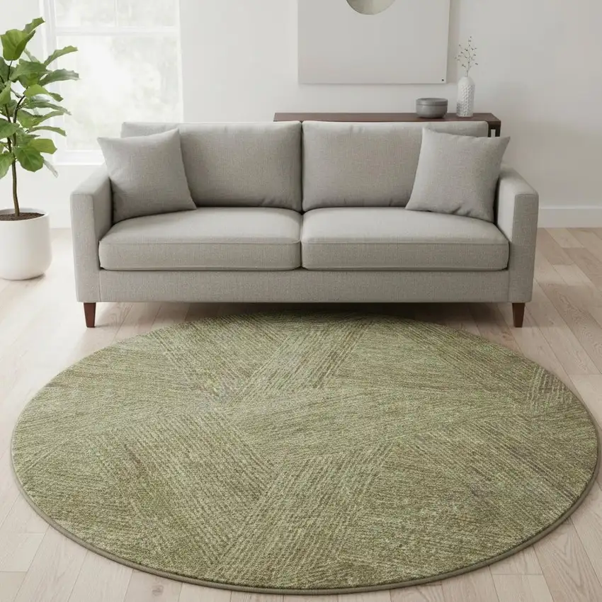 8' Green And Beige Abstract Washable Round Rug With UV Protection Photo 2