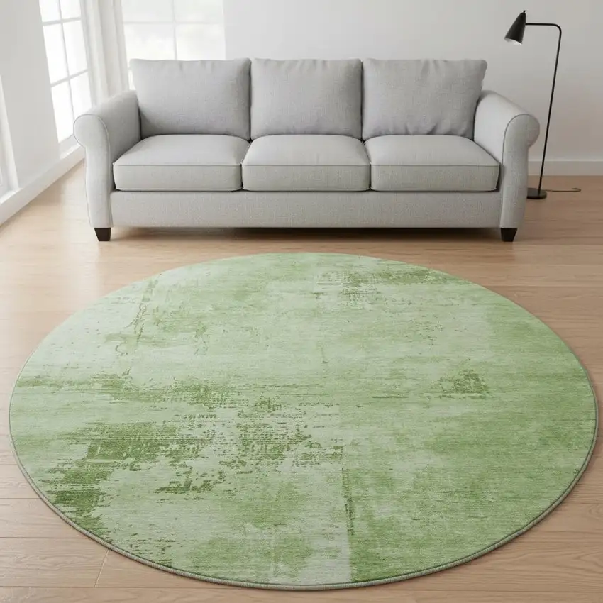 8' Green And Beige Abstract Washable Round Rug With UV Protection Photo 2
