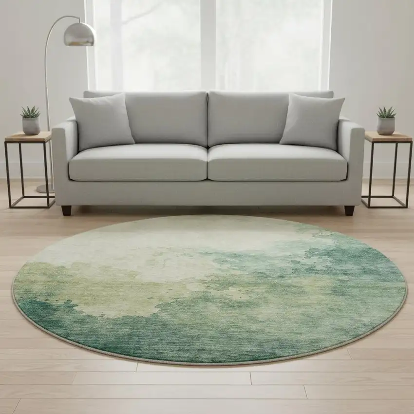 8' Green And Beige Abstract Washable Round Rug With UV Protection Photo 2