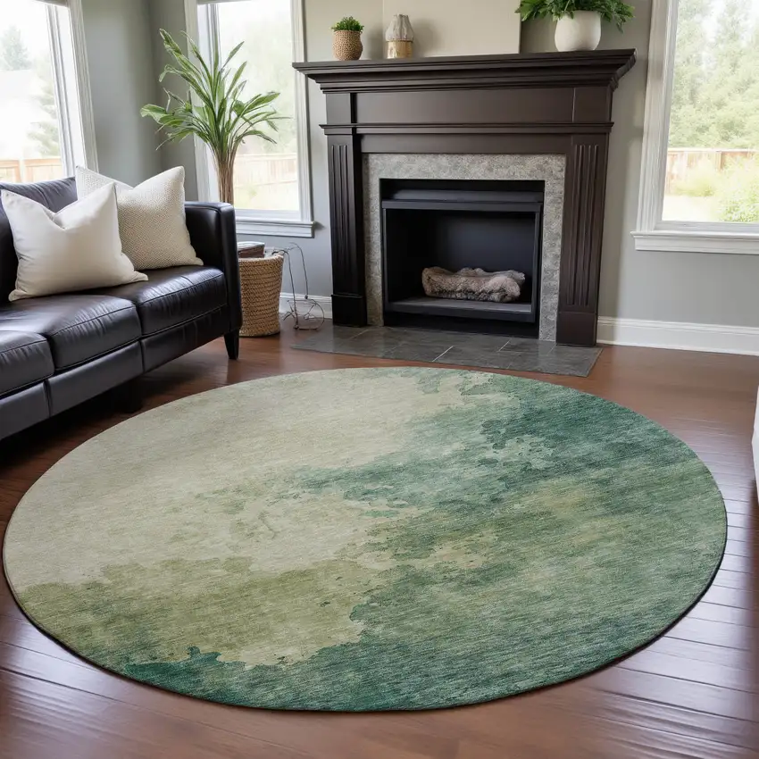 8' Green And Beige Abstract Washable Round Rug With UV Protection Photo 5