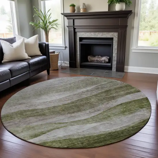 8' Green And Beige Abstract Washable Round Rug With UV Protection Photo 4