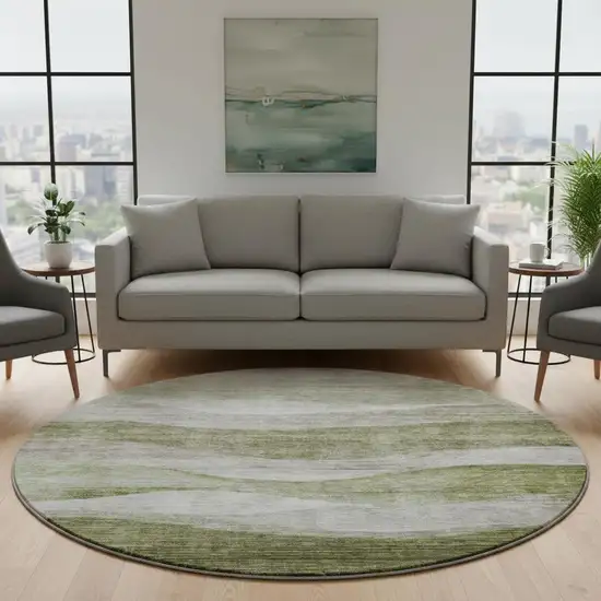 8' Green And Beige Abstract Washable Round Rug With UV Protection Photo 2