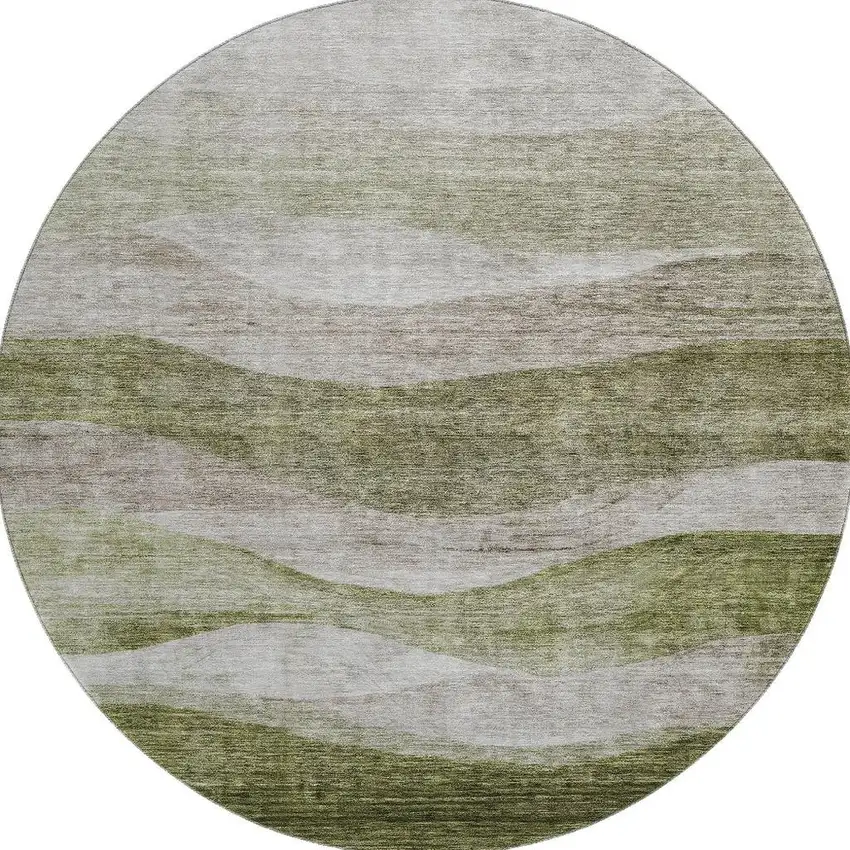8' Green And Beige Abstract Washable Round Rug With UV Protection Photo 2